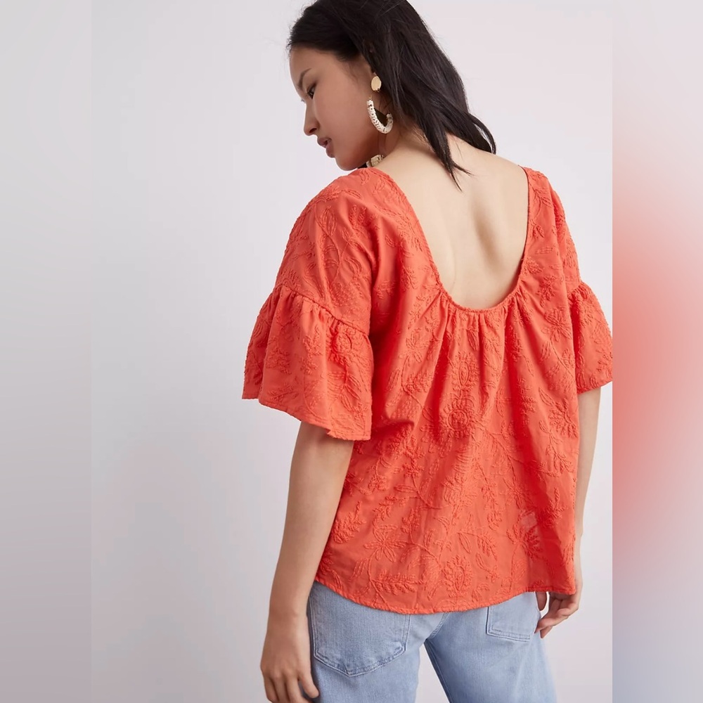 Anthropologie Women's Embroidered Orange Ruffle Sleeve Top